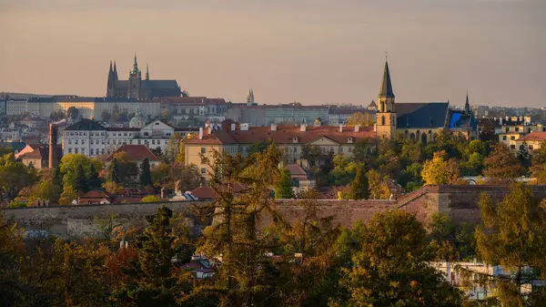 Prag ufuk çizgisinin sonbahar manzarası ve gün batımında Vyehrad 'tan gelen şato. Parkta renkli bir sonbahar.