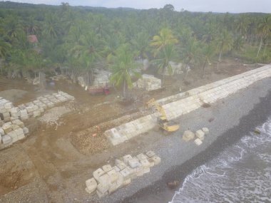 İHA ile çekilen kıyı şeridi kumsal dalgaları, küp şeklinde dalgalar ve hindistan cevizi ağaçları gösteriyor.