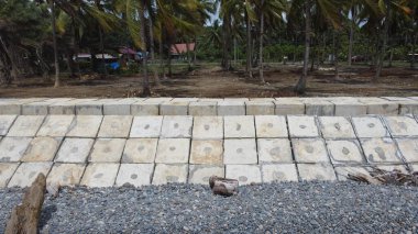 Dalga kırıcılar sahilde, betondan yapılmış düzgün düzenlenmiş küpler şeklinde dizilmiştir.