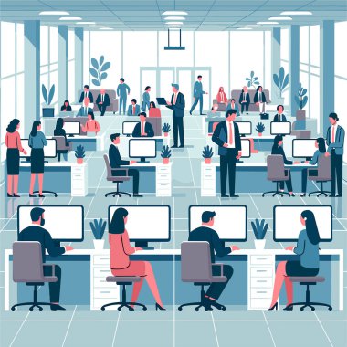 Çalışanların çeşitli faaliyetlerde bulunduğu canlı bir ofis sahnesi. Bazıları masalarında bilgisayarlarla otururken, diğerleri gruplar halinde sohbet ediyor. Çevre cam bölmeleri ve saksı bitkileriyle yapılandırılmıştır..