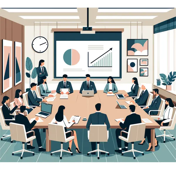 Scene Captures Professional Boardroom Setting Diverse Group Individuals Gathered Meeting — Stock Vector