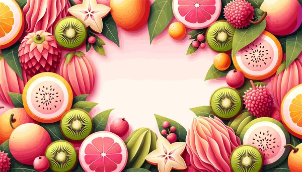 Exotic Fruits Kiwi Starfruit Lychee Artfully Arranged Form Distinctive Frame — Stock Vector