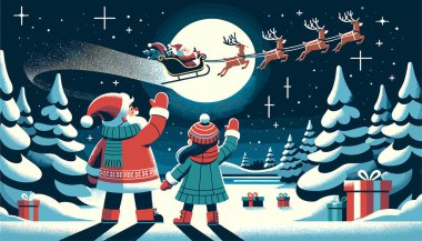 Sıcak kış kıyafetleri giymiş iki çocuk, ufka doğru neşeyle el sallıyor. Noel Baba ikonik kızağıyla gökyüzünde uçuyor. Yanında bir sürü hediye taşıyor. Ren geyiği de yol gösteriyor..