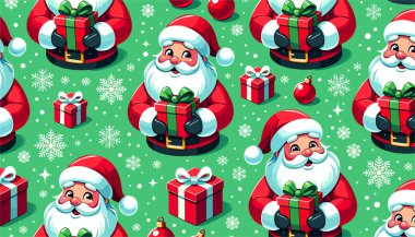 Bayram cazibesi saçan çizgi film Noel Babaları, parlak kırmızı kutuların yanına yerleştirilir. Dağınık kar taneleri festival ortamını daha da güzelleştiriyor ve bu tasarımı Noel ambalajı kağıdı için harika bir seçim yapıyor..