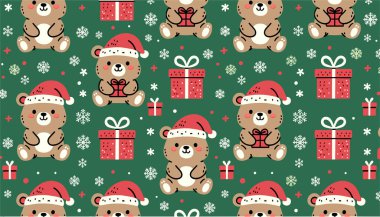 Noel Baba şapkası takan sevimli ayılar kırmızı hediye kutuları ve narin kar taneleriyle karışıyor..