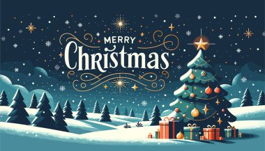 Süslü bir Noel ağacı altında hediyeler olan bir tarafta duruyor. Kar taneleri nazikçe düşer ve 