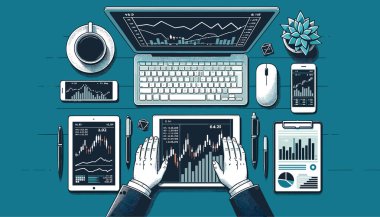 Bir finans uzmanının masasını gösteren 16: 9 düz vektör dizaynı. Bir tablet, telefon, bilgisayar ve geniş ekran yatırım grafikleri.