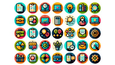 İnternet kullanımı, ofis ve iş temalarının vurgulanması için tasarlanmış 20 canlı, yuvarlak simgenin 16: 9 düz vektör görüntüsü.