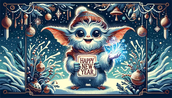 Zimowy Elf Trzymający Kartę Szczęśliwego Nowego Roku Która Błyszczy Magią — Wektor stockowy