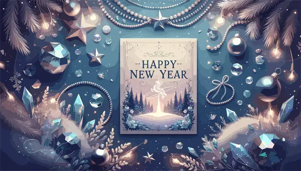 魅惑に包まれた ハッピーニューイヤー カード シーンは ツインクルーズの星 引き出されたガーランド 氷の結晶のような冬の装飾に設定され 任意の生き物の存在なしで新年の祭りに魔法のタッチを追加します — ストックベクタ