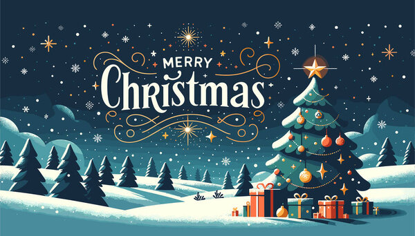 A decorated Christmas tree stands to one side with presents beneath it. Snowflakes gently fall, and the phrase 'Merry Christmas' is written in elegant font