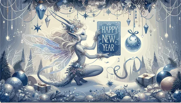 Mythical Creature Similar Snow Nymph Holding Aloft Happy New Year — Stock Vector