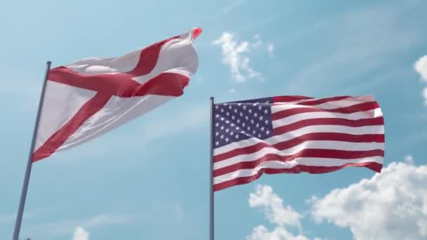 Alabama Flagge Und Usa Flagge Einem Fahnenmast Bei Starkem Wind — Stockvideo