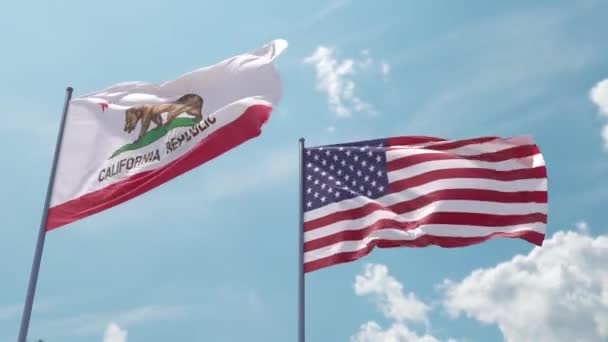Kalifornien Flagga Och Usa Flagga Flaggstång Realistisk Våg Stark Vind — Stockvideo