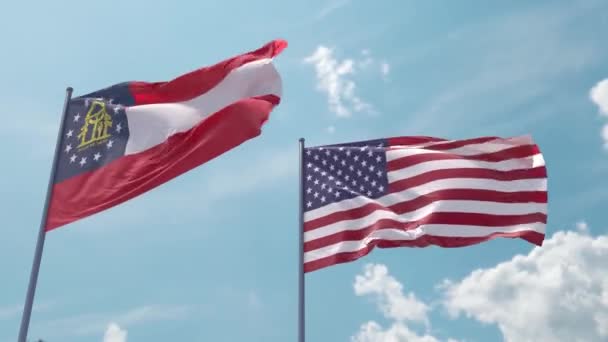 Прапор Грузії Прапор Сша Флагштоку Реалістична Хвиля Сильному Вітрі Блакитному — стокове відео