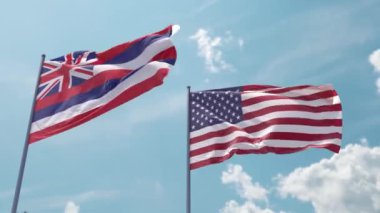 Hawaii bayrağı ve ABD bayrağı bayrak direğinde dalgalanan güçlü bir rüzgar mavi gökyüzünde ekran koruyucu ya da giriş olarak. Hawaii Eyaleti ve Amerika Birleşik Devletleri