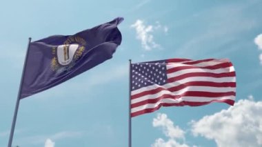 Kentucky bayrağı ve ABD bayrağı mavi gökyüzünde güçlü bir rüzgarda dalgalanan bayrak direğinde ekran koruyucu ya da giriş olarak. Kentucky Eyaleti ve Amerika Birleşik Devletleri