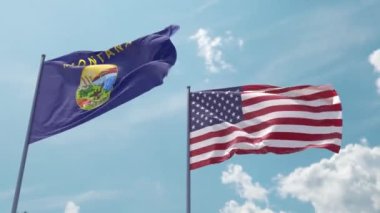 Montana bayrağı ve ABD bayrağı bayrak direği üzerinde güçlü bir rüzgar üzerinde mavi gökyüzünde güçlü bir rüzgar ekran koruyucu veya giriş olarak. Montana Eyaleti ve Amerika Birleşik Devletleri