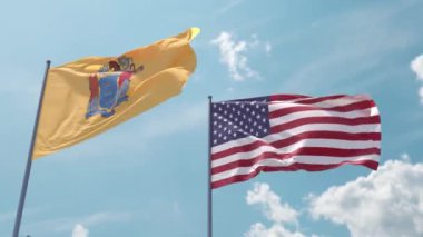 New Jersey bayrağı ve ABD bayrağı mavi gökyüzünde güçlü rüzgarda dalgalanan bayrak direğinde ekran koruyucu ya da giriş olarak. New Jersey Eyaleti ve Amerika Birleşik Devletleri