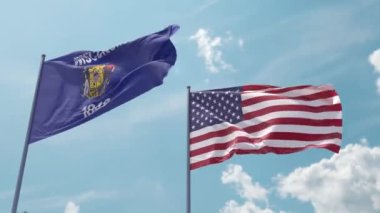Wisconsin bayrağı ve ABD bayrağı bayrak direği üzerinde güçlü bir rüzgar üzerinde mavi gökyüzünde güçlü bir rüzgar ekran koruyucu ya da giriş olarak. Wisconsin Eyaleti ve Amerika Birleşik Devletleri