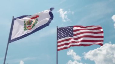 Batı Virginia bayrağı ve ABD bayrağı mavi gökyüzünde güçlü bir rüzgarda dalgalanan bayrak direğinde ekran koruyucu ya da giriş olarak. Batı Virginia Eyaleti ve Amerika Birleşik Devletleri