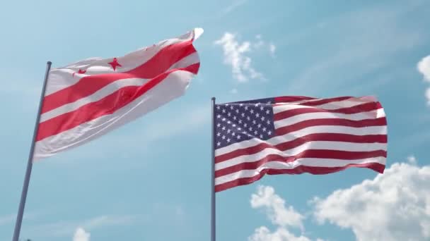 Washington Flagga Och Usa Flagga Flaggstång Realistisk Våg Stark Vind — Stockvideo