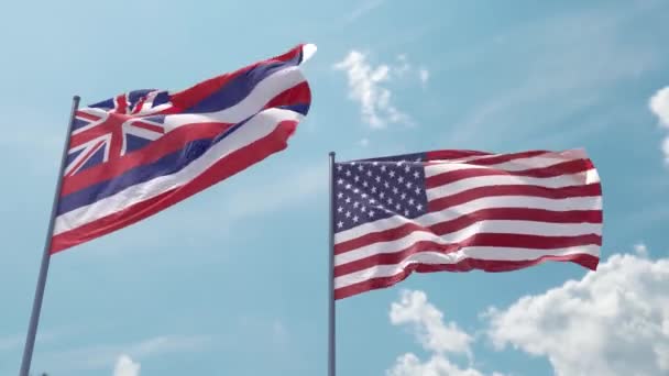 Hawaï Vlag Vlag Een Vlaggenmast Realistische Golf Sterke Wind Blauwe — Stockvideo