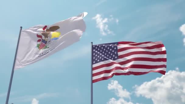 Illinois Vlag Vlag Een Vlaggenmast Realistische Golf Sterke Wind Blauwe — Stockvideo