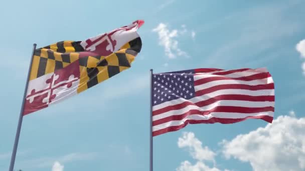 马里兰州的国旗和美国国旗在旗杆上的现实挥动 在蓝天的强风中作为屏保或介绍 马里兰州和美利坚合众国 — 图库视频影像