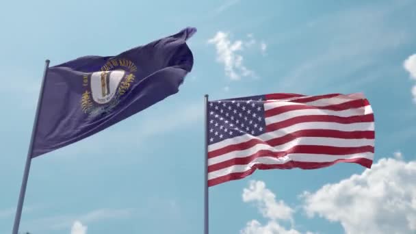 Kentucky Vlag Vlag Een Vlaggenmast Realistische Golf Sterke Wind Blauwe — Stockvideo