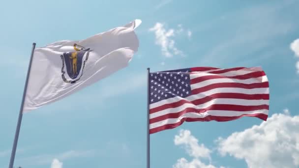 Прапор Массачусетсу Прапор Сша Флагштоку Реалістична Хвиля Сильному Вітрі Блакитному — стокове відео