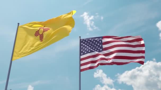 New Mexico Flagga Och Usa Flagga Flaggstång Realistisk Våg Stark — Stockvideo
