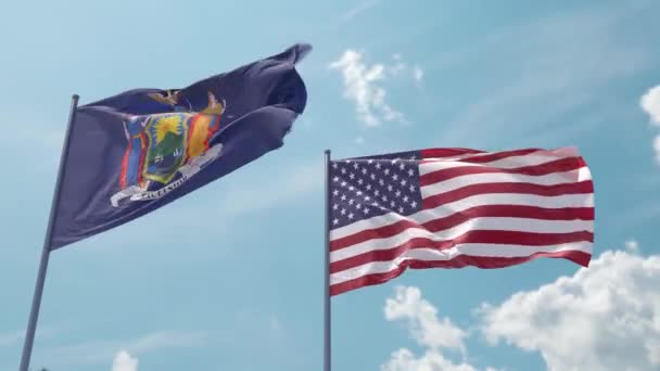 Bandera Nueva York Bandera Estados Unidos Asta Bandera Ola Realista — Vídeos de Stock