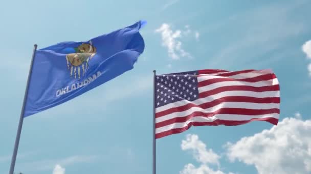 Oklahoma Vlag Vlag Een Vlaggenmast Realistische Golf Sterke Wind Blauwe — Stockvideo