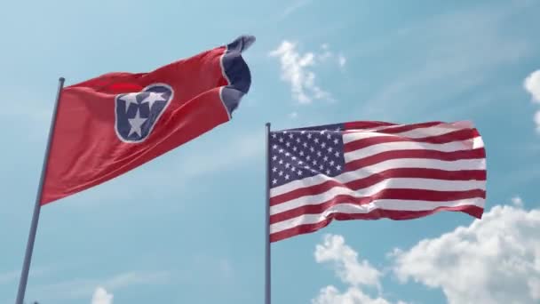 Tennessee Flag Usa Flag Flagpole Realistic Wave Strong Wind Blue — Stock Video