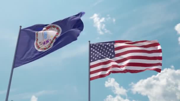 バージニアの旗とアメリカの旗は スクリーンセーバーやイントロとして青空の強い風に現実的な波に現実的な バージニア州とアメリカ合衆国 — ストック動画