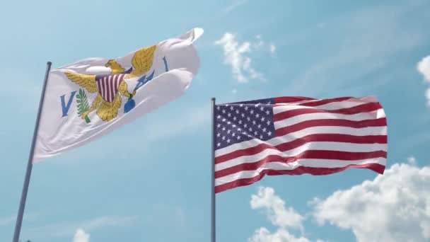 Jungfruöarna Usa Och Usa Flaggstång Realistisk Våg Stark Vind Blå — Stockvideo
