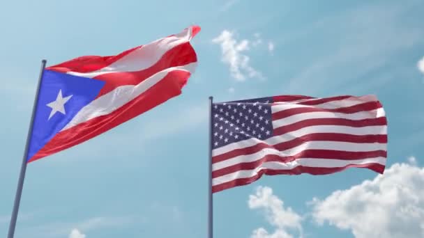 Прапор Пуерто Рико Прапор Сша Флагштоку Реалістична Хвиля Сильному Вітрі — стокове відео