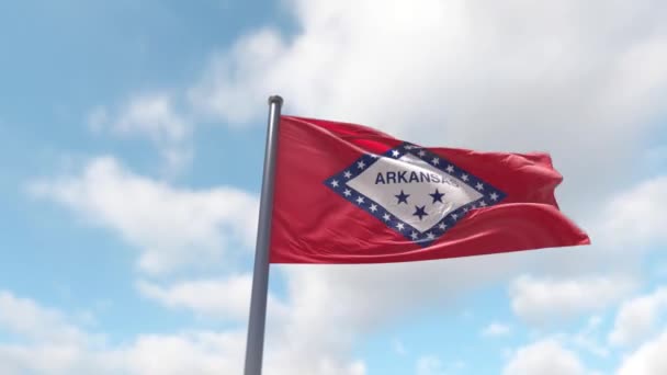 Close Grandeur Arkansas Flag Flagpole Unfolds Close Transitioning Majestic Wide — Stock video