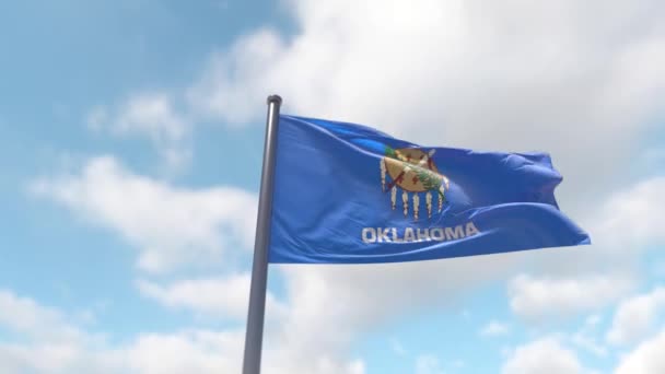 Close Grandeur Oklahoma Flag Flagpole Unfolds Close Transitioning Majestic Wide — Stock video