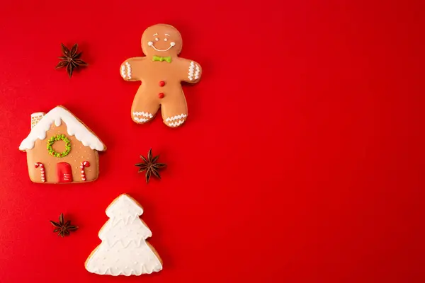 Kırmızı arka planda lezzetli zencefilli kurabiyeler. Boşluğu kopyala..