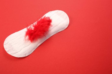 Kırmızı arka planda regl pedinde kırmızı tüy olan kadın hijyen yastığı. İlk adet dönemi konsepti. Boşluğu kopyala.