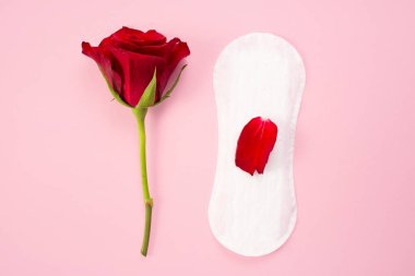 Kırmızı parıltılı ve gül çiçekli kadın hijyen yastığı. Pembe arka planda ilk adet dönemi konsepti.