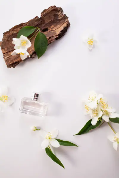 Yasemin çiçekleri, kabuk ve parfüm şişesi beyaz arka planda. Düz yatıyordu. Uzayı kopyala Yüksek kalite fotoğraf