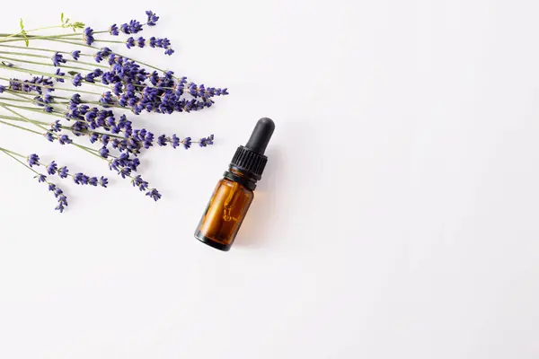 Taze levanta çiçekleri ve beyaz arka planda bir şişe zaruri. Saç tedavisi konsepti. Düz yatıyordu. Uzayı kopyala Yüksek kalite fotoğraf