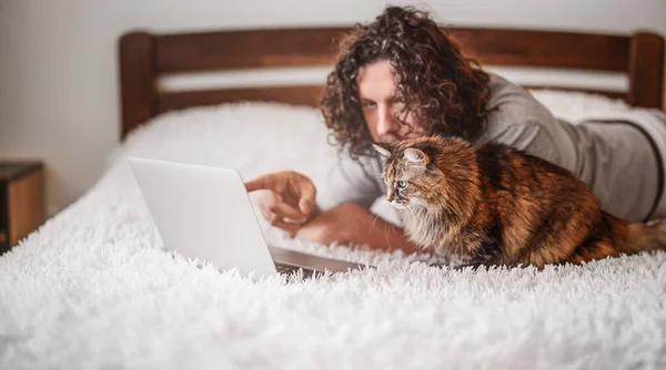 A bearded man with a cat is working on a laptop.