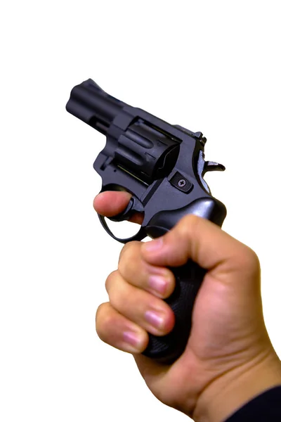 Mãos Segurando Arma Isolada Fundo Branco Aviso Disparado — Fotografia de Stock
