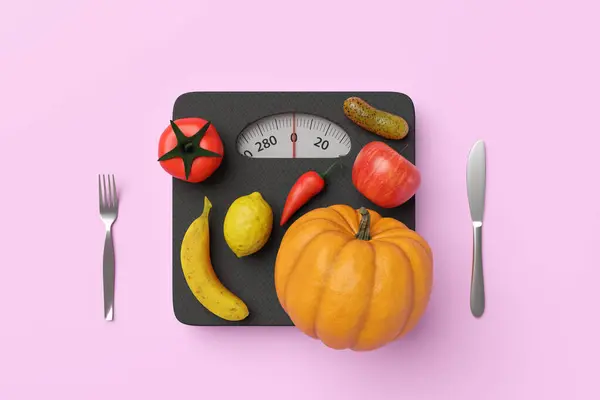 Fruits and vegetables on an analog weight scale having a red pointer at zero marking, with silver knife and fork on each side on pink background. Illustration of the concept of healthy eating