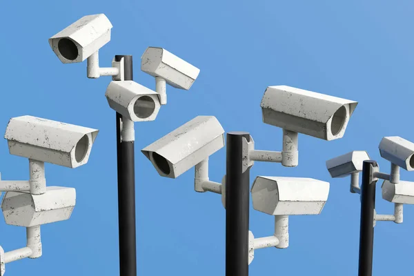 CCTV surveillance everywhere to track activities of individuals and counter terrorism. Illustration of the concept of mass surveillance