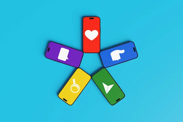 Five mobile phones arranged in a star shape, and each showing different computer icons of love, like, share, search and comment. Illustration of the concept of social media and online marketing